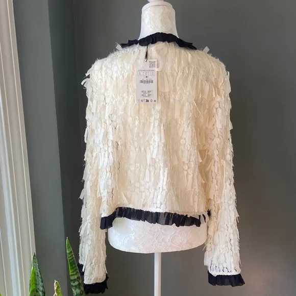 NWT Zara Ivory Ruffle-Trim Sheer Blouse - Picture 9 of 11